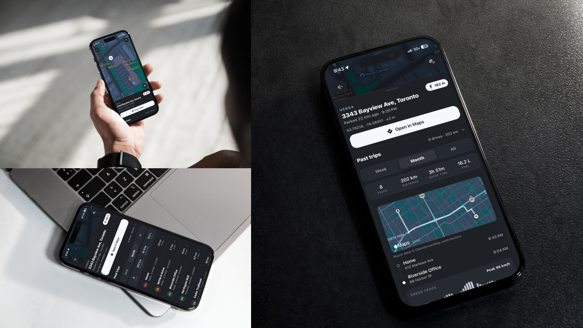 Nexus vehicle location and trip history displayed on a phone in everyday settings