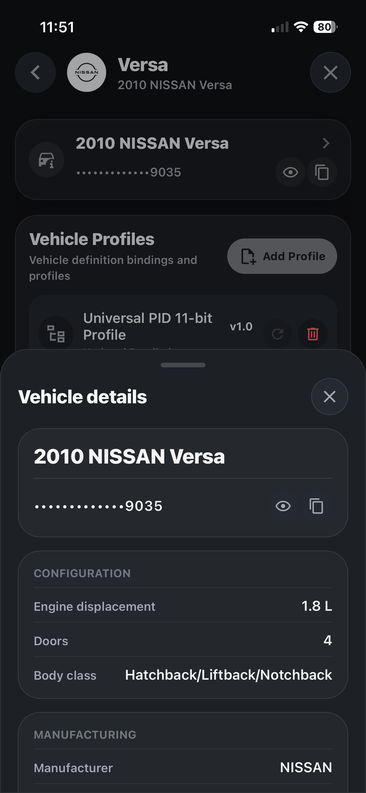 Vehicle details sheet showing the 2010 Nissan Versa configuration, including engine displacement, doors, body class, and manufacturer