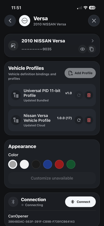 Vehicle Profiles screen showing the Universal PID 11-bit Profile and Nissan Versa Vehicle Profile, appearance color options, and CanOpener connection status